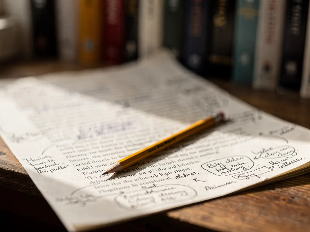 A manuscript page with an editor's pencil and margin queries