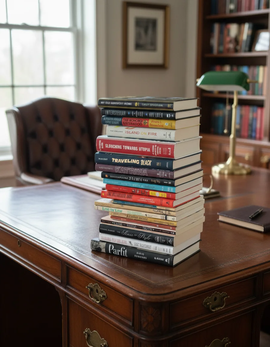 A stack of published books on an executive desk, several edited by Thomas LeBien